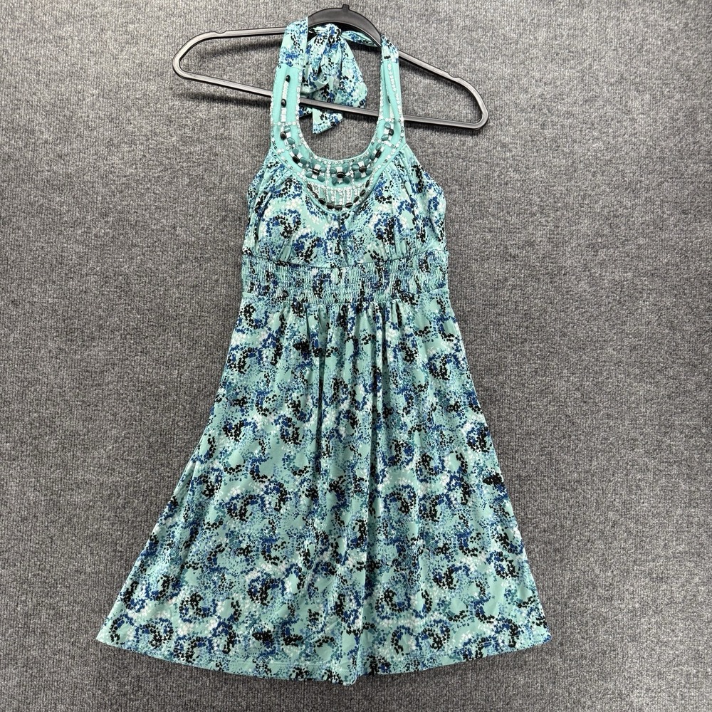 Vintage 90s Candies Dress Womens XS Blue Beaded Halter Babydoll Sleeveless Y2K